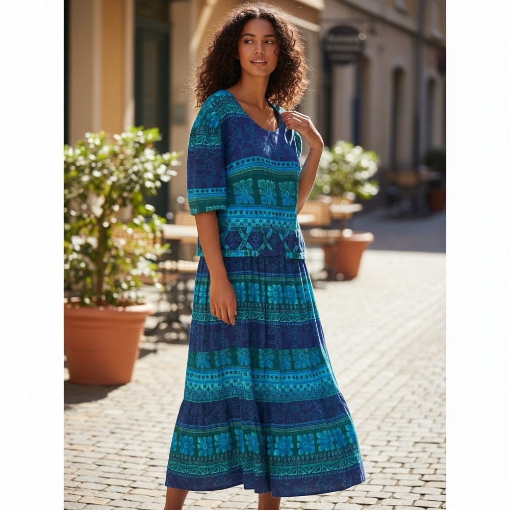 Worthington Woman Maxi Dress 22W Blue Teal Excellent Floral Geometric Boho 90s